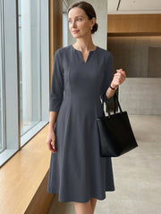 Notch Neck Pocketed 3/4 Sleeve Solid A-Line Work Dress