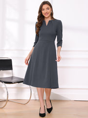 Notch Neck Pocketed 3/4 Sleeve Solid A-Line Work Dress