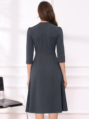 Notch Neck Pocketed 3/4 Sleeve Solid A-Line Work Dress