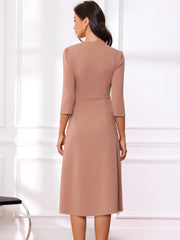 Notch Neck 3/4 Sleeve Pocketed Solid A-Line Work Dress