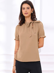 Bow Tie Neck Tops Elegant Office Short Sleeve Blouse