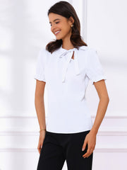 Bow Tie Neck Tops Elegant Office Short Sleeve Blouse