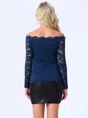 Off Shoulder Floral Lace Top Sheer Long Sleeves Casual Blouse