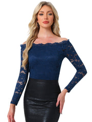 Off Shoulder Floral Lace Top Sheer Long Sleeves Casual Blouse