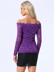 Off Shoulder Floral Lace Top Sheer Long Sleeves Casual Blouse