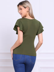 Faux Wrap Blouse Summer V Neck Ruffle Sleeve Casual Top Blouse