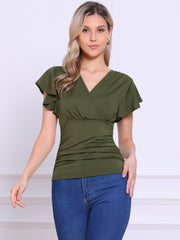 Faux Wrap Blouse Summer V Neck Ruffle Sleeve Casual Top Blouse