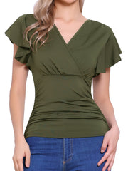 Faux Wrap Blouse Summer V Neck Ruffle Sleeve Casual Top Blouse