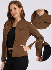 Casual Denim Classic Stand Collar Long Sleeve Jean Jacket