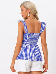 Gingham Peplum Top Summer Square Neck Sleeveless Plaid Blouse