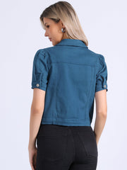 Casual Short Puff Sleeves Button-Down Jean Denim Jacket
