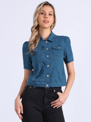 Casual Short Puff Sleeves Button-Down Jean Denim Jacket