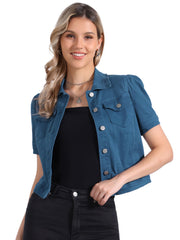 Casual Short Puff Sleeves Button-Down Jean Denim Jacket