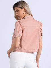 Casual Short Puff Sleeves Button-Down Jean Denim Jacket