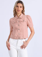 Casual Short Puff Sleeves Button-Down Jean Denim Jacket