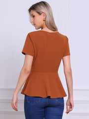 Short Sleeve Round Neck Solid Color Peplum Blouse