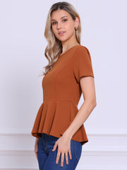 Short Sleeve Round Neck Solid Color Peplum Blouse