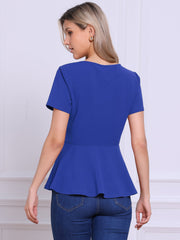 Short Sleeve Round Neck Solid Color Peplum Blouse