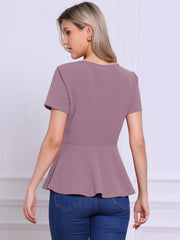 Short Sleeve Round Neck Solid Color Peplum Blouse