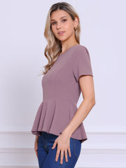 Short Sleeve Round Neck Solid Color Peplum Blouse