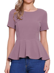 Short Sleeve Round Neck Solid Color Peplum Blouse