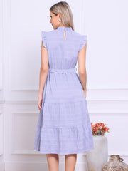Mock Neck Ruffled Textured Cap Sleeve Tiered Midi Dress