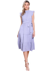 Mock Neck Ruffled Textured Cap Sleeve Tiered Midi Dress
