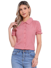 Cotton Frilled Top Turndown Collar Solid Blouse Shirt