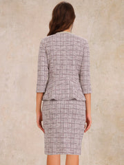 2 Pieces Tweed Button Down 3/4 Sleeves Jacket & Midi Pencil Skirt Set