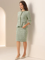 2 Pieces Tweed Button Down 3/4 Sleeves Jacket & Midi Pencil Skirt Set