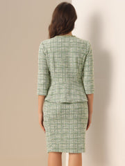 2 Pieces Tweed Button Down 3/4 Sleeves Jacket & Midi Pencil Skirt Set