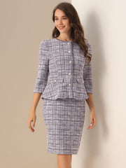 2 Pieces Tweed Button Down 3/4 Sleeves Jacket & Midi Pencil Skirt Set