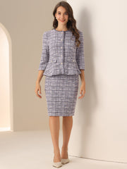 2 Pieces Tweed Button Down 3/4 Sleeves Jacket & Midi Pencil Skirt Set