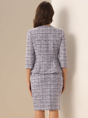 2 Pieces Tweed Button Down 3/4 Sleeves Jacket & Midi Pencil Skirt Set