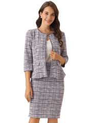 2 Pieces Tweed Button Down 3/4 Sleeves Jacket & Midi Pencil Skirt Set