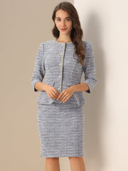 2 Pieces Tweed Button Down 3/4 Sleeves Jacket & Midi Pencil Skirt Set