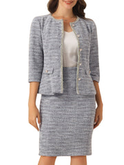 2 Pieces Tweed Button Down 3/4 Sleeves Jacket & Midi Pencil Skirt Set