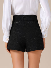 Sequined Tweed Button Front High Waist Shorts