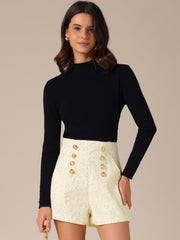 Sequined Tweed Button Front High Waist Shorts