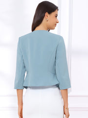 Open Front Collarless 3/4 Sleeve Peplum Cropped Jacket