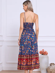Boho Floral Summer Spaghetti Strap A-Line Flowy Smocked Midi Dress Sundress