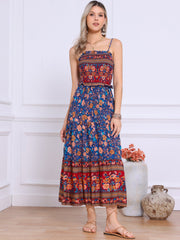Boho Floral Summer Spaghetti Strap A-Line Flowy Smocked Midi Dress Sundress