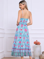 Boho Floral Summer Spaghetti Strap A-Line Flowy Smocked Midi Dress Sundress