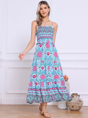 Boho Floral Summer Spaghetti Strap A-Line Flowy Smocked Midi Dress Sundress