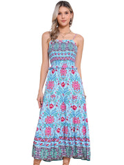 Boho Floral Summer Spaghetti Strap A-Line Flowy Smocked Midi Dress Sundress