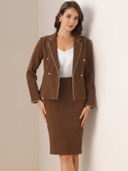 Business Suit 2 Pieces Tweed Trim Blazer Jacket and Skirt Set