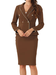 Business Suit 2 Pieces Tweed Trim Blazer Jacket and Skirt Set