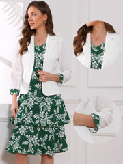 Work flower Print Contrast Panel 2pc Sets Chiffon V Neck Jacket Dress