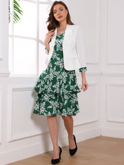 Work flower Print Contrast Panel 2pc Sets Chiffon V Neck Jacket Dress
