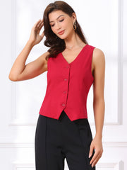 Sleeveless Solid Button Down V Neck Waistcoat Vest